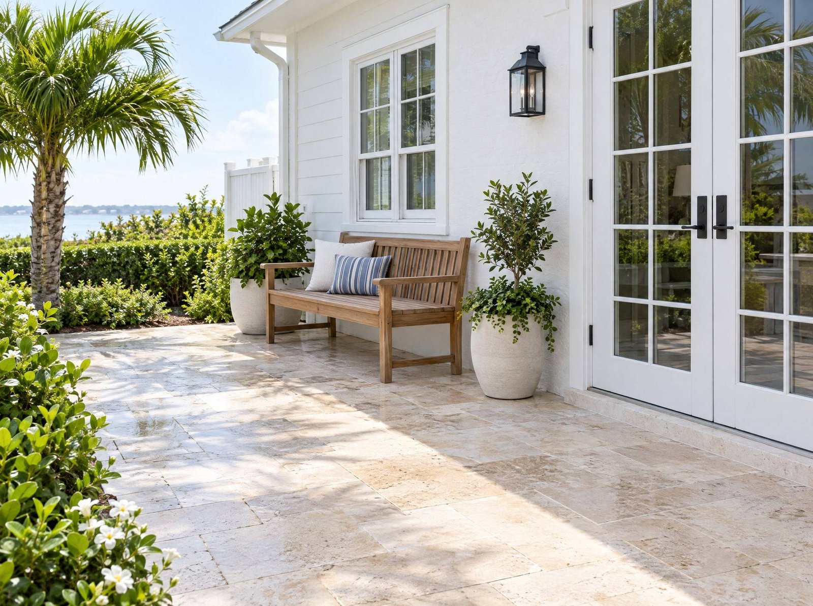 A clean travertine patio beside a white home with French doors, a teak bench, and potted greenery.