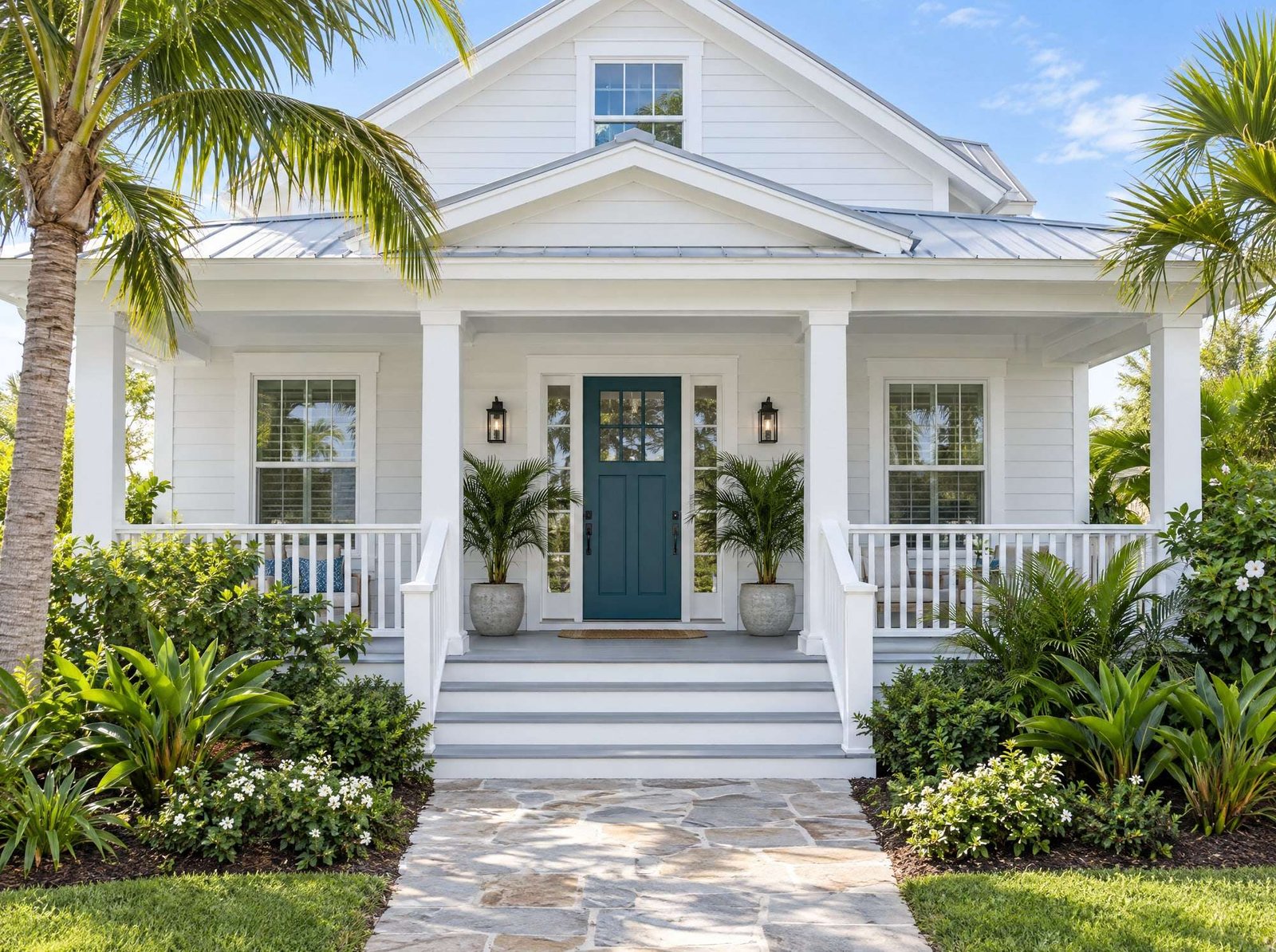 A white coastal-style home with a deep teal front door, a covered porch, potted palms, and a stone walkway.