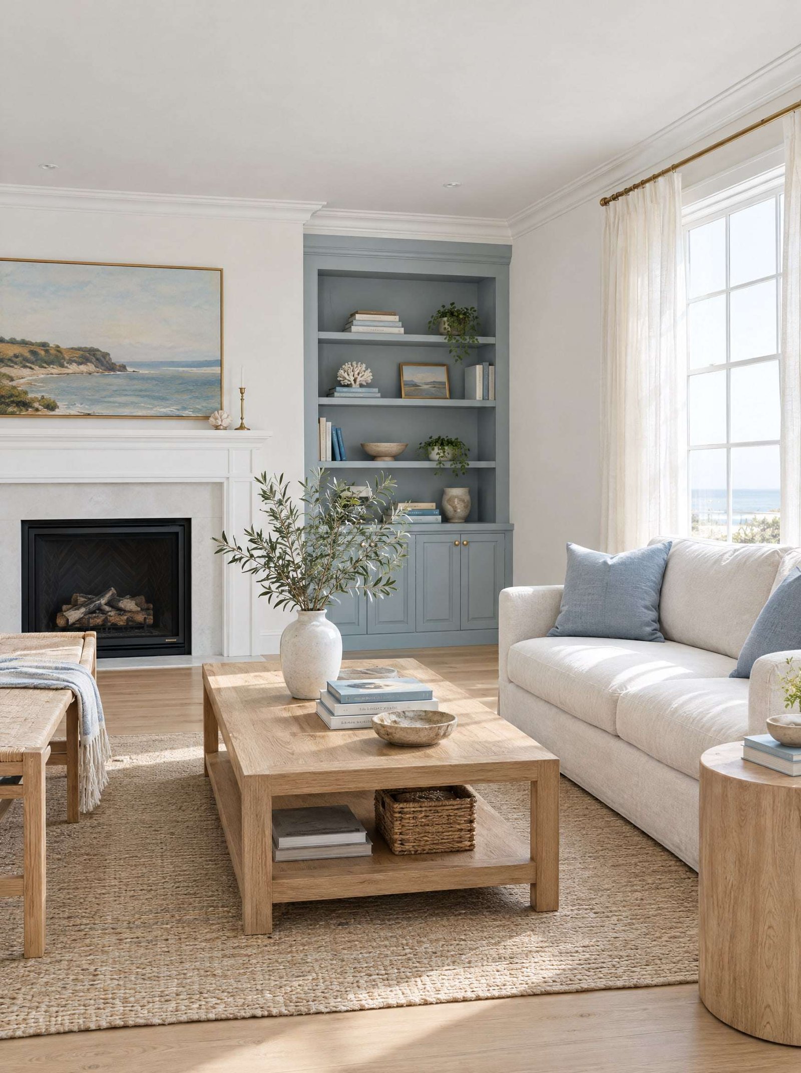A bright living room with crisp white walls and trim, a soft blue built-in bookcase, warm oak furniture, and sunlight through sheer curtains.