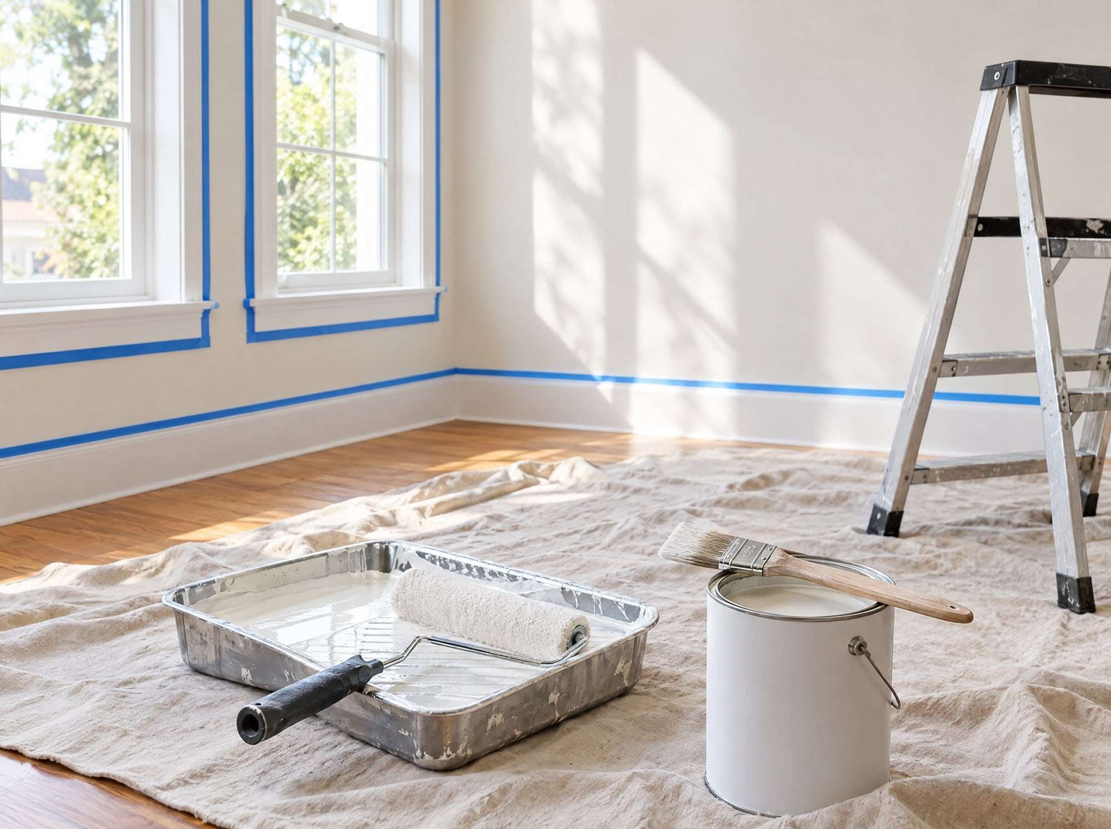 A bright room being painted, with blue painter’s tape on the window trim, a drop cloth on the floor, and a roller resting in a tray.